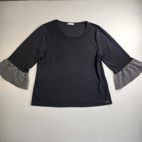 Calvin Klein Tops - Calvin Klein Womens L Large Flare with Piping Pullover Blouse Black with stripes